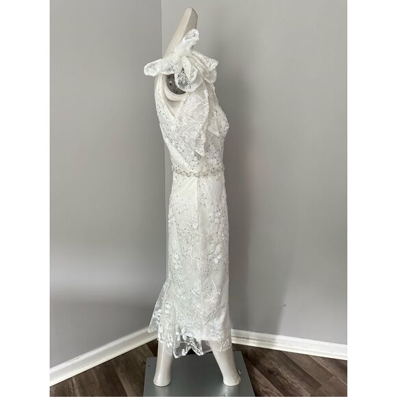 MAC DUGGAL FLORAL EMBELLISHED V-NECK MIDI DRESS WITH SHOULDER BOW - Picture 10 of 12